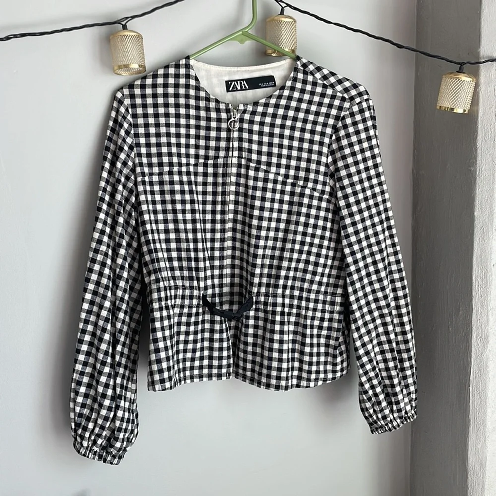 Zara Gingham Linen Blend Puff Sleeve Zipper Jacket Sz M
